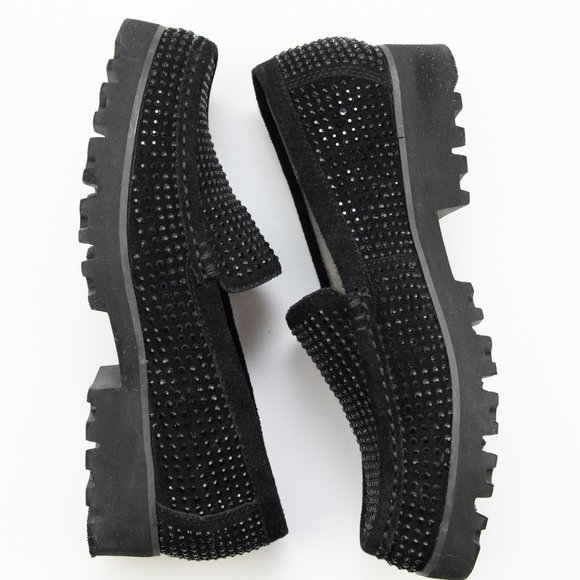 Donald J Pliner Rio Loafers Crystal Embellished Chunky Suede Shoes Black SIze 6 - Picture 4 of 8